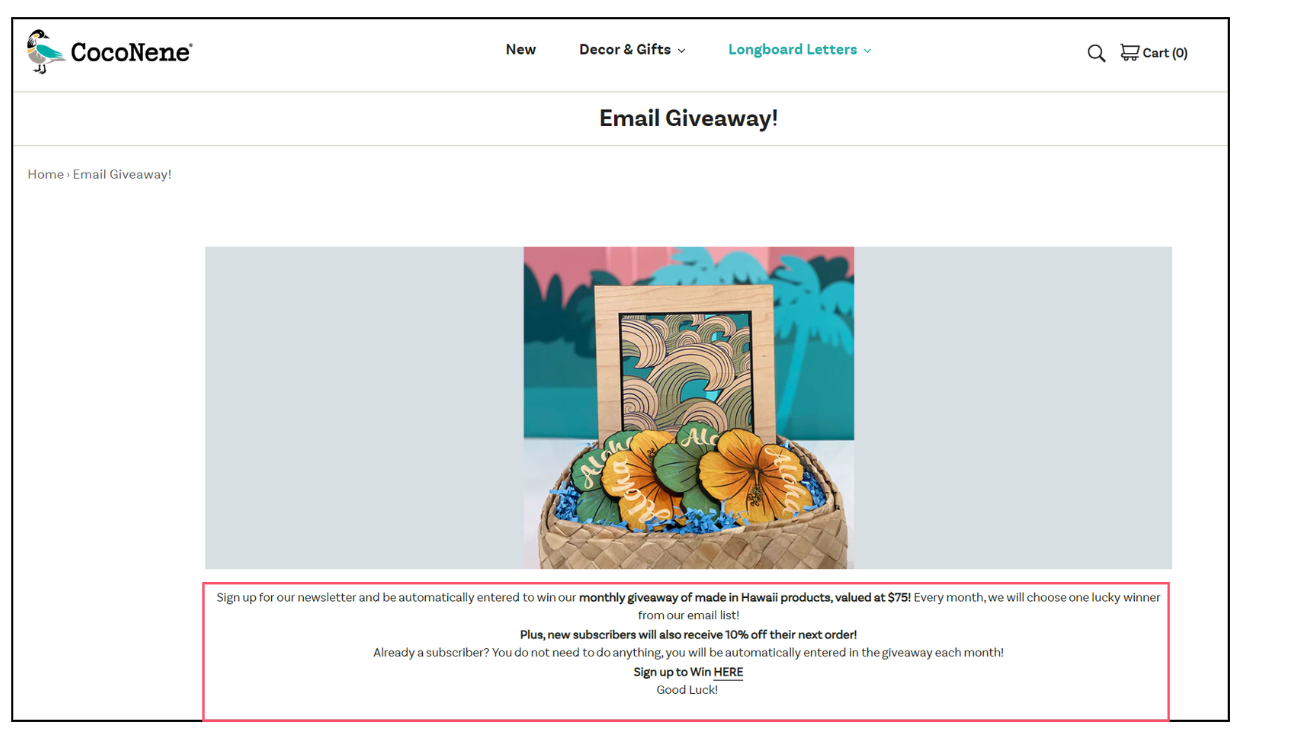 CocoNene's email giveaway page featuring a monthly prize draw of Hawaii-made products and newsletter subscription benefits.